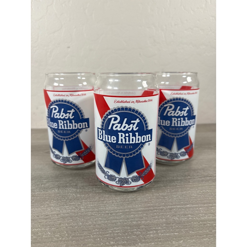 Set of 3 Pabst Blue Ribbon PBR Beer Can Shaped 16oz Pint Glasses Vintage Barware